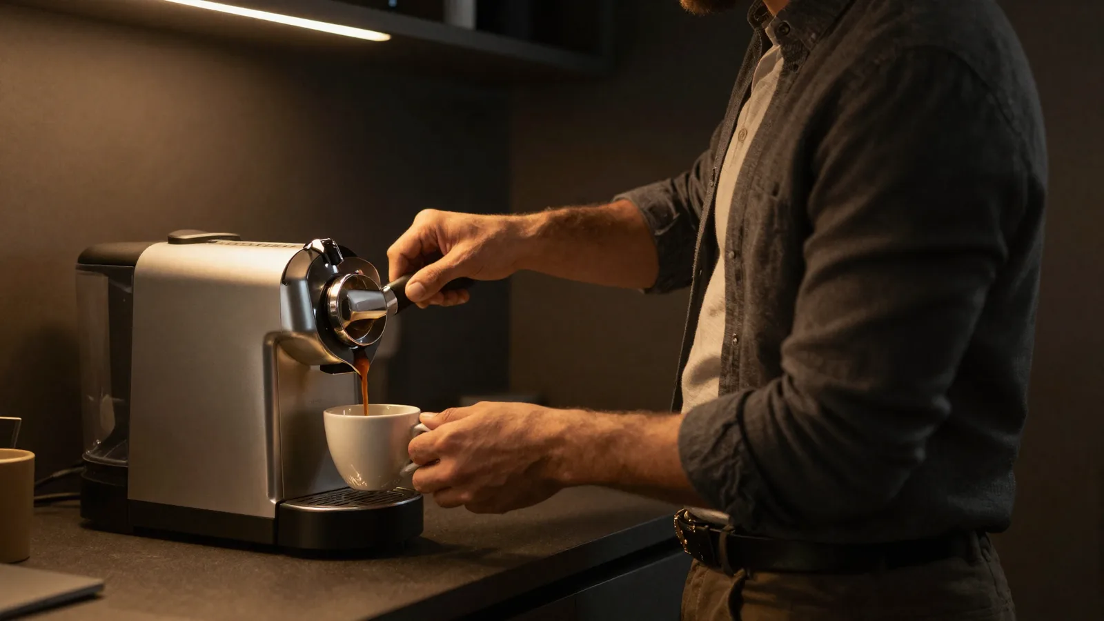 Espresso being poured from a bean-to-cup machine in a modern office